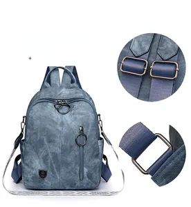 Detail of blue soft leather backpack with adjustable straps and metal ring hardware