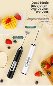 Detail of dual handheld electric whisks with interchangeable milk and cream frother heads