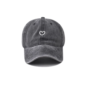 Dark grey washed cotton baseball cap with a white heart embroidery in a vintage style