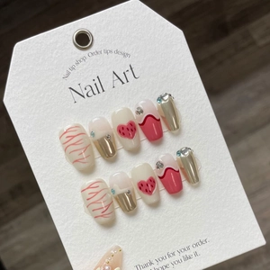 Pink flame and golden mirror handmade press-on nails with 3D heart and pearl accents