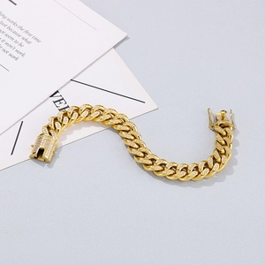 Close-up of a gold-plated hip-hop Cuban link bracelet featuring full pavé zircon stones