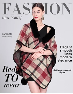 Close-up of red plaid knit poncho featuring faux rabbit fur collar and pompom details