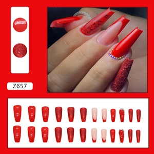 Long ballet red press-on nails set with glitter and rhinestones for brides
