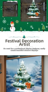 Detail of Christmas tree window stickers with snowman and Merry Christmas text