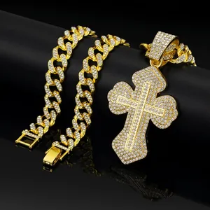 Hip Hop Cross Pendant Necklace Iced Out Bling Alloy Rhinestone Cuban Link Chain Fashion Jewelry For Men Women
