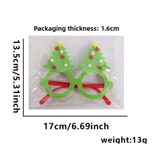 Detail view of felt Christmas tree glasses frame with precise dimensions and weight info