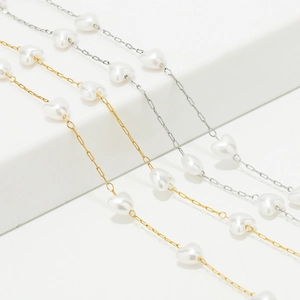 18K gold and silver plated chains with 6mm white heart pearl charms for DIY jewelry making