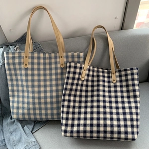 Damen Karo Canvas Tragetasche Große Kapazität Japanischen Stil Umhängetasche Mit Kunstledergriffen Und Reißverschluss