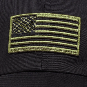 Close-up of tactical US flag embroidery on a breathable black mesh baseball cap