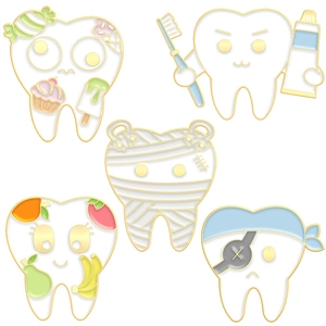 Set of five creative cartoon tooth enamel pins with medical and fun dental patterns