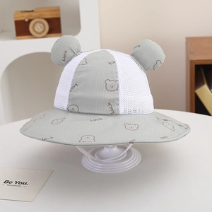 Gray mesh baby sun hat with cute bear ears and breathable fabric for toddlers