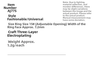 Detailed spec chart for adjustable leaf ring with 7.2mm width and silver plating