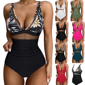 Deep V Neck Swimsuit For Women Mesh Patchwork Ruched Tummy Control Slimming Monokini Beachwear Sexy