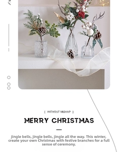 Close-up of Christmas faux floral branches with red berries and pine cones in glass vases