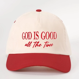 Retro two-tone baseball cap with 'GOD IS GOOD' embroidery and contrast red brim