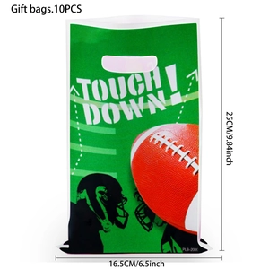 Detail view of 10PCS football gift bags showing dimensions 25x16.5cm for party favors