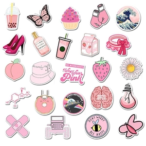 Flat lay of pink cute waterproof stickers including butterfly cake and drinks
