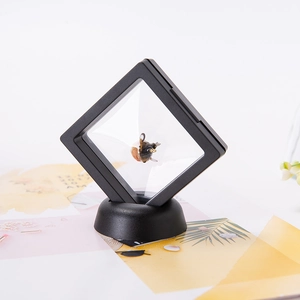 Detail of square black floating jewelry frame with PE film and a round pedestal base