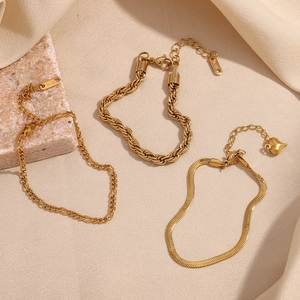 Three-piece set of 18K gold plated stainless steel Figaro, snake, and rope chain bracelets