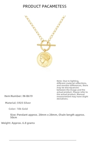 Detail of 18K gold plated S925 silver coin pendant necklace with vintage OT toggle clasp