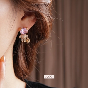 Elegant 925 silver asymmetric bear earrings with pink crystal and gold heart charm