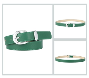 Detail view of green faux leather belt for women with elegant silver metal buckle