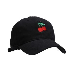 Classic black baseball cap with vibrant red cherry embroidery on high-quality cotton fabric