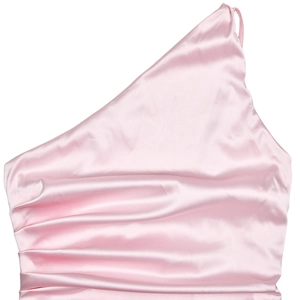 Detail of pink satin one-shoulder dress featuring layered ruffles and elegant pleats