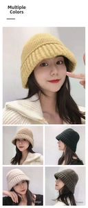 Detailed grid view of knitted bucket hats in yellow, khaki, black, beige, and green colors