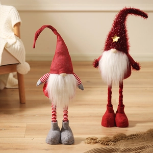 Tall Christmas gnome plush dolls with red sequin hats and long striped legs for home decor