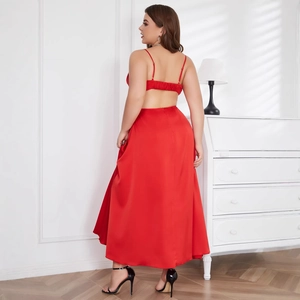 Elegant red satin two-piece maxi dress set featuring a backless camisole and long skirt