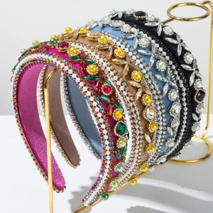 Serre-tête Rembourré Large Baroque de Luxe pour Femmes Rétro Tissu Velours Verre Strass Künstliche Perle Incrusté Élégant Accessoires Cheveux
