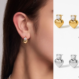 Stainless Steel Heart Stud Earrings With Sparkling Zircon Polished Finish Trendy Minimalist Fashion Jewelry For Women