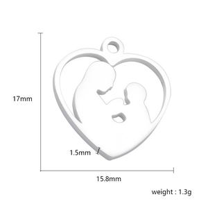 Polished stainless steel heart pendant with mother and child silhouette, 17mm x 15.8mm