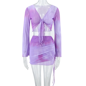 Women Tie Dye Mesh Top And Mini Skirt Flared Sleeve V Neck Front Tie Ruched Drawstring Summer Beach Resort Outfits