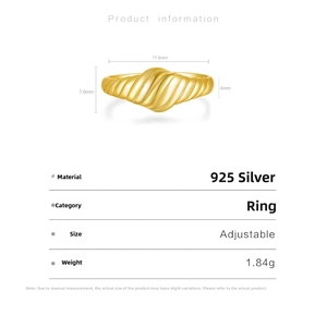 Detailed size specifications for adjustable 925 silver croissant ring in gold finish