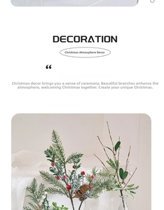 Detail of Christmas artificial pine branch with red berries and pine cones for decor