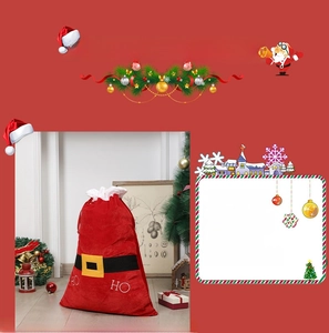 Detail of red velvet Christmas gift sack with drawstring closure and HO HO printing