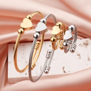 Heart Shaped Stainless Steel Twisted Cable Wire Bracelet And Open Ring Adjustable Women Jewelry Fashion