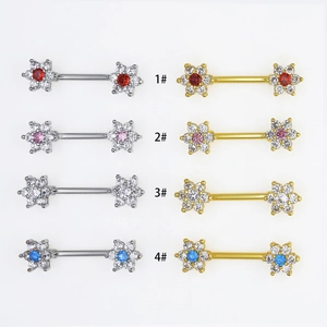 Double Flower Cubic Zirconia Nipple Rings Stainless Steel Barbell Body Piercing Jewelry Sparkling Flower Shape Accessory