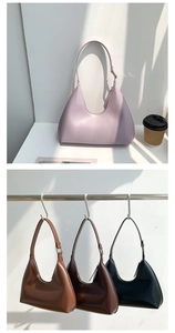 Detailed close-up showing purple, brown, and black PU leather underarm bags with zipper