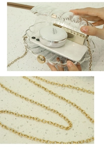 Detailansicht der transparenten Acryl-Muschel-Clutch mit Goldkette und Innenraum