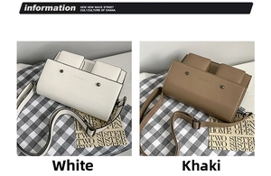 Side-by-side view of white and khaki rectangular leather messenger bags with flap closures