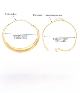 Detailed spec sheet showing wavy gold alloy necklace dimensions and metal texture
