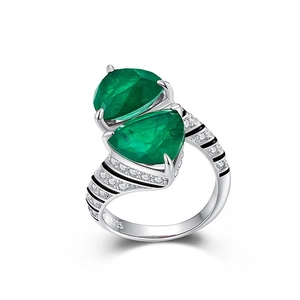 Elegant S925 sterling silver open ring with triangular green gemstones and pave crystals