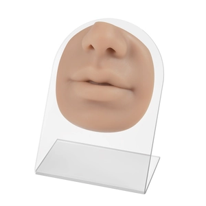 Silicone nose and mouth model for piercing practice on a transparent acrylic stand