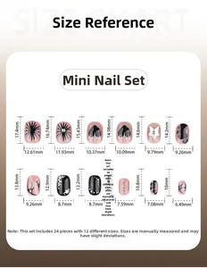 Detailed size chart for Y2K black heart press-on nails with 12 sizes and 24 pieces