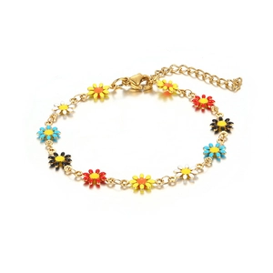 Colorful daisy titanium steel bracelet with 18K gold finish and adjustable chain
