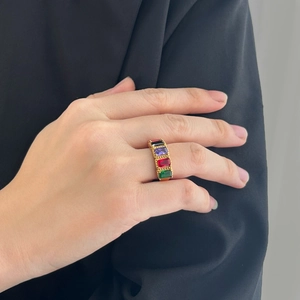 Vintage Baguette Zircon Ring Stainless Steel Gold Plated Milgrain Edge Rectangle Colorful Stone Jewelry For Women