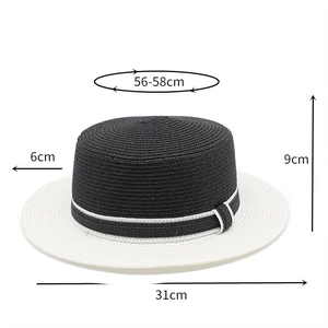 Detail showing dimensions of a bicolor boater straw hat with black crown and white brim